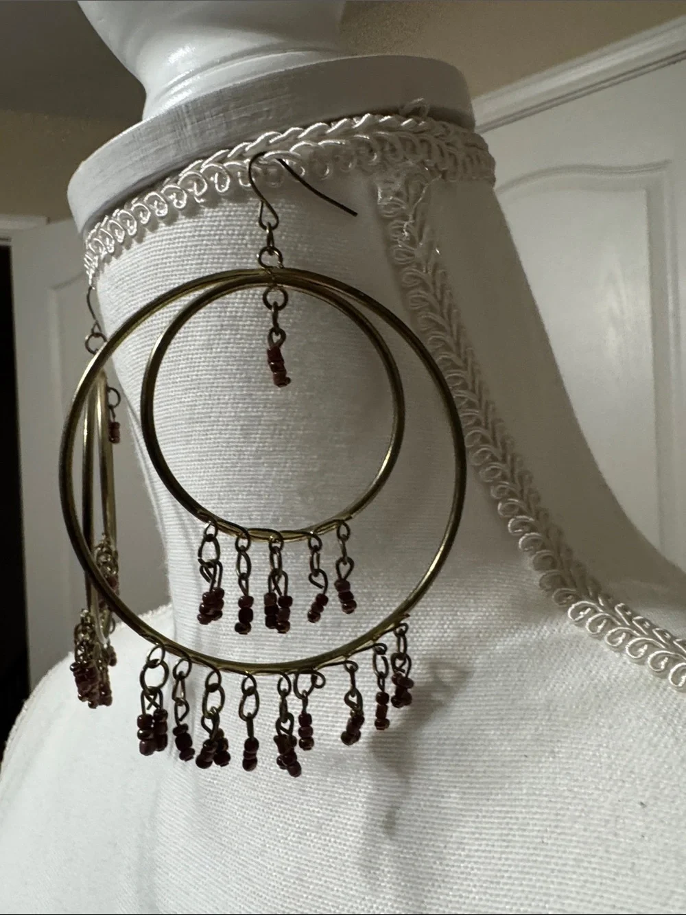 Antique Gold-Tone Multi-Hoop Earrings with Brown Bead Fringe